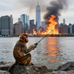 photo of monkey fishing in Hudson river, with the city of New York on fire behind him
