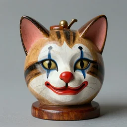 photographic portrait cat head, antique wooden toy, clown makeup, editorial