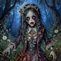 a pretty but sinister and creepy monster in layers of fear decoupage, with haunted eyes, wearing punk clothing, violence in her eyes, 1 9 7 0 s, seventies, delicate embellishments, a little blood, woodland, blue dawn light shining on wildflowers, painterly, offset printing technique, by alexandre cabanel and brian froud
