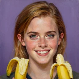 portrait, emma watson face as a banana, smiling, banana face, realism, oil painting, character, vibrant colors, photo emma watson