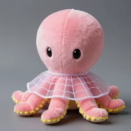 a cute pink with yellow color accents octopus plush wearing a sheer bat poncho with spider webbing pattern, normal arms, by the sanrio company, real life, cinematic, adorable, kawaii