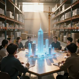 sparse group people in simple warehouse, looking at hologram of futuristic city on a table, cinematic concept art, godrays, golden hour, natural sunlight, 4 k, clear details, tabletop model buildings, center model buildings, hologram center, crane shot, crane shot, crane shot