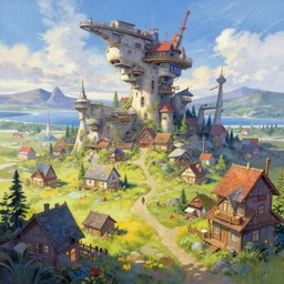 futuristic but cozy fantasy village at the polar circle. this air brush painting by the award - winning anime artist has an interesting color scheme, plenty of details and impeccable lighting.