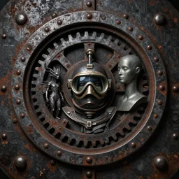 an album cover, dark, gothic, cyber, fantasy, rust, metal, rivets, cogwheel, human, creature, mannequin, scuba mask, by giger, masahiro ito, junji ito