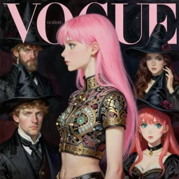 mage, vogue, elle, witch, greg rutkowski, john singer sargent, anime, trending on artstation, oil painting, intricate, crop top, side profile, pink hair