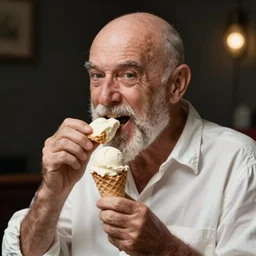 old bald guy angrily eating ice cream