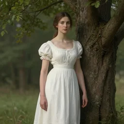 a woman in a white dress and a tree, a detailed matte painting by robert feke, featured on cg society, fantastic realism, behance hd, daz 3 d, deviantart hd