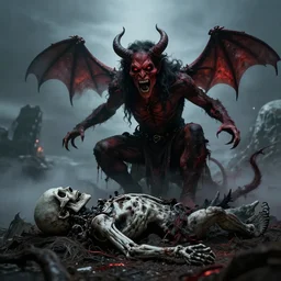 a demon is screaming over a corpses mountain
