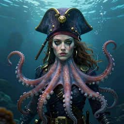 underwater biopunk pirate portrait of emma stone, octopus, hyper detailed, digital art, trending in artstation, cinematic lighting, studio quality, smooth render, unreal engine 5 rendered, octane rendered, art style by klimt and nixeu and ian sprigger and wlop and krenz cushart.