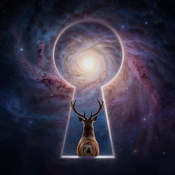 a deer peering into a giant portal into the universe in the shape of a keyhole to the nebulae and galaxies, beautiful matte painting by weta workshop 4 k, cinematic dramatic atmosphere, dramatic lighting, trending on artstation