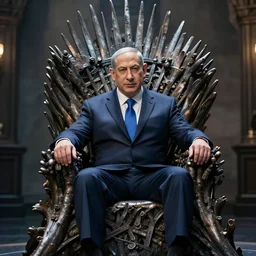 “Benjamin Netanyahu sitting on the iron throne, 4k, award winning, realistic, scene from game of thrones”