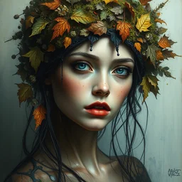 portrait of beautiful female model by irakli nadar with intricate detailed color smashing fluid oil paint and acrylic, dried moss and dried autumn leaves headdress, organic, overgrown, haunting, elite, elegant, melting wax, mycelia, abstract impressionism, ruan jia, dark fantasy, hyper detailed, concept art, by gustav klimt,