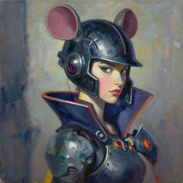 ashley wood portrait painting of, a cyberpunk samurai, with mouseketeer style helmet on, as overwatch character, medium shot, asymmetrical, profile picture, organic painting, dramatic lighting, matte painting, bold shapes, hard edges, 6 0 s french movie poster, french impressionism, palette knife and brush strokes, dutch angle, by huang guangjian and gil elvgren and sachin teng