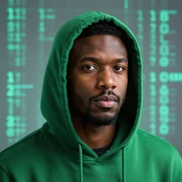 portrait of a black man programmer with green hood by greg rutkowski, digital number in the background