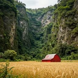 Intricate detailed lush ravine with a single isolated red barn next to a wheat crop at noon. Wide angle shot, surreal, dreamlike, Artstation, Eddie Mendoza