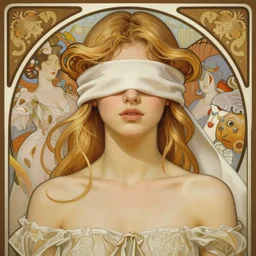 blindfolded handsome young women with shoulder length blonde hair, symmetrical, half body shot, path traced, highly detailed, high quality, digital painting, alena aenami, lilia alvarado, shinji aramaki, karol bak, alphonse mucha, tom bagshaw