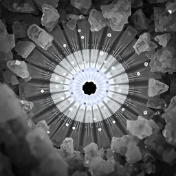 electron microscope enlargement of a chilopoda section, surrounded by acicular crystals, refracted kodachromatic internal lighting