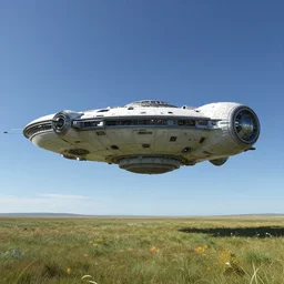 Science-Fiction spaceship hovering over a grassy field on an alien planet at daylight, blue sky, by John Harris, Federico Pelat, Ivan Aivazovsky, Matte Painting, 4k,