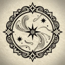a circular frame with stars and swirls, a tattoo by Kamāl ud-Dīn Behzād, reddit, incoherents, tattoo, quantum wavetracing, d&d