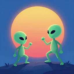 Two aliens engaged in battle on a mountaintop, in front of a giant sunset with two suns, cool neon colors, cell shaded
