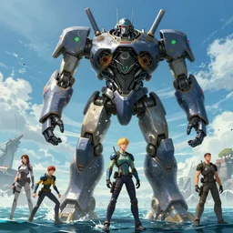 a giant robot against kaiju on ocean, pacific rim style, highly detailed, artstation, art by vladimir motsar and emika lightweaver and nicholas cort and paul pepera