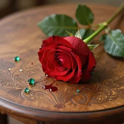 a single red rose is on a wooden table with subtle carved filigree and drops of blood, scattered emeralds, close up view, dramatic lighting, DOF, soft, sharp focus, art nouveau, intricate artwork by Ruan Jia and Greg Rutkowski