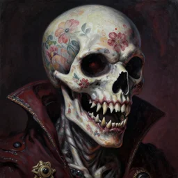 A very detailed horrifying portrait painting of the prince of death, floral patterned skin, shark teeth, occult, 8k, trending on artstation cgsociety, masterpiece, in the style of DiscoDiffusion.