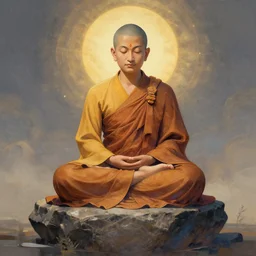 a meditating monk sitting on a stone, visionary art style,