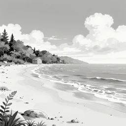 illustration of the shore on a beautiful morning, monochrome, manga style, Pixar and Disney animation, sharp, Rendered in Unreal Engine 5, art by Greg Rutkowski, Bloom, dramatic lighting