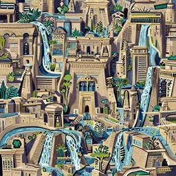 a ancient egyptian city with plants and waterfalls, digital art retrowave art,trending on art station