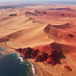 a gorgeous landscape on another planet, in the style of thomas cole and pixar. beautiful beyond imagination! red rock and sand dune desert that runs into a rough sea! viewed from one hundred feet in the air! hyperrealism, extremely detailed! 8 k, cgi movie, path tracing, trending on artstation