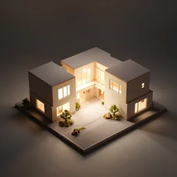 architectural model, isometric view, studio lighting, low contrast, brightly lit studio, highly detailed, house, stacked boxes, large windows, courtyard, garage