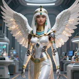 perfect white haired egyptian goddess wearing white dove wings, warframe armor, regal, attractive, ornate, beautiful, dreamy, half asian, pretty face, blue eyes, detailed, scifi platform, laboratory, experiment, 4 k, ultra realistic, epic lighting, android body, illuminated, cinematic, masterpiece, art by akihito tsukushi, voidstar, artgerm