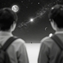 two people, explanation of astronomy, style of tadanori yokoo, greyscale soft focus photo