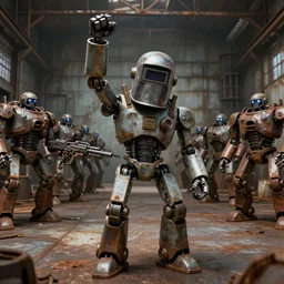a realistic crazy robot wearing a welding helmet, welding helmet head, one fist raised high in triumph, raised fist, standing in front of an army of robots inside a huge rusty dingy warehouse, army of military robots, raygun gothic, atomic punk, digital art, detailed render