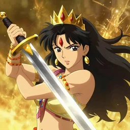 an indian warrior woman with a powerful, seductive, strong, playful face holding a sword, volumetric lighting, golden theme, golden light, wearing a crown, anime style, by makoto shinkai