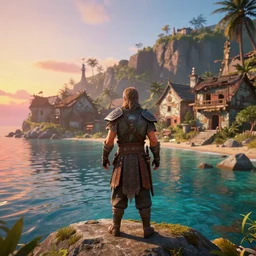 full length portrait of a male warrior exploring a mysterious abandoned village near a coastline with clear water, rendered in bryce 3 d, ray - tracing, water ripples, sunset, vibrant color, mysterious atmosphere, depth of field, cinematic lighting, focused, rule of thirds, trending on artstation