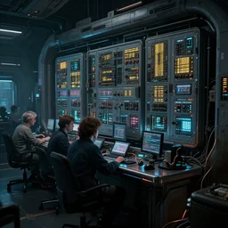 closeup of a highly futuristic technical power distributor of a spacecraft with engineers working, cyberpunk, moody, luminescent, rule of thirds, golden ratio, ambient lighting, syd mead, greg rutkowski, wlop, artgerm, artstation, highly detailed masterpiece
