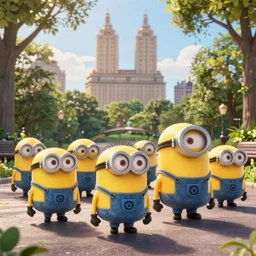 the minions walking through central park with Gru in pixar style
