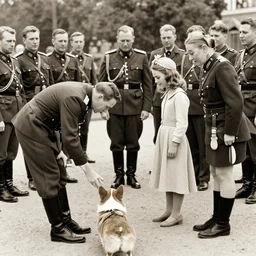 ultra wide 1 9 4 6 historical far away photo a german general surrendering to young queen elizabeth, her corgis are nearby highly detailed
