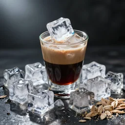 a huge amount of ice cubes and a double shot of espresso and some oat milk, food photography, incredible lighting, ice cubes, lots of ice cubes