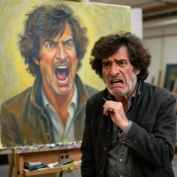 bob ross is sad and sngry and yelling at a huge painting by bob ross