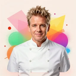 A portrait of Gordon Ramsay with no face, geometric shapes, rounded corners, candy colors, spray paint, bold graphics. geometric art