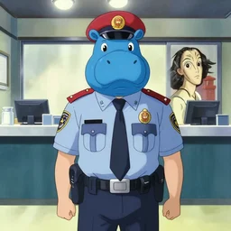 a cop wearing a blue hippo mask standing in a police station, anime film still from the an anime directed by Katsuhiro Otomo with art direction by Salvador Dalí, wide lens