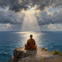 a monk sits alone on the cliff ledge in the lotus position looking out onto a vast ocean, by thomas kinkade, wide angle, cinematic lighting, detailed oil painting