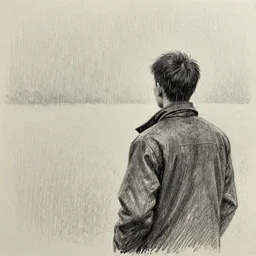 the drawn man in jacket looks out into the black endless distance in the rain. pencil sketch - n 9