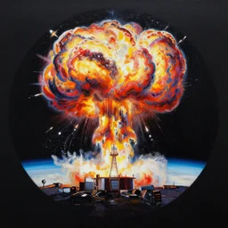 painting of an Atomic explosion visible from space, colourful explosion, vivid colours, matte black paper, ultra detailed, wide shot, fish eye lens