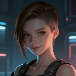 portrait of a beautiful girl in the cyberpunk future with short brown hair, men's haircut, and smiling, dramatic lighting, illustration by greg rutkowski, yoji shinkawa, 4 k, digital art, concept art, trending on artstation