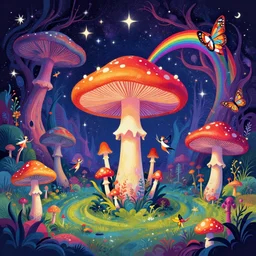 psychedelic mushrooms, enchanted cosmic forest, mushrooms on the ground, small fairies, stars in the sky, butterflies, rainbows, psychedelic, wide angle shot, vector art, optical illusion, heavenly underwater, fantasy poster by helen huang and frank frazetta and salvador dali