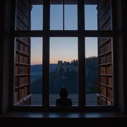 figure looking through a wide window, castle library, big hall, nightfall, lonely, dark colors, fading sun, cliff side landscape, photorealistic by michael komarck, greg rutkowski, victo ngai, artgerm, willem claesz heda